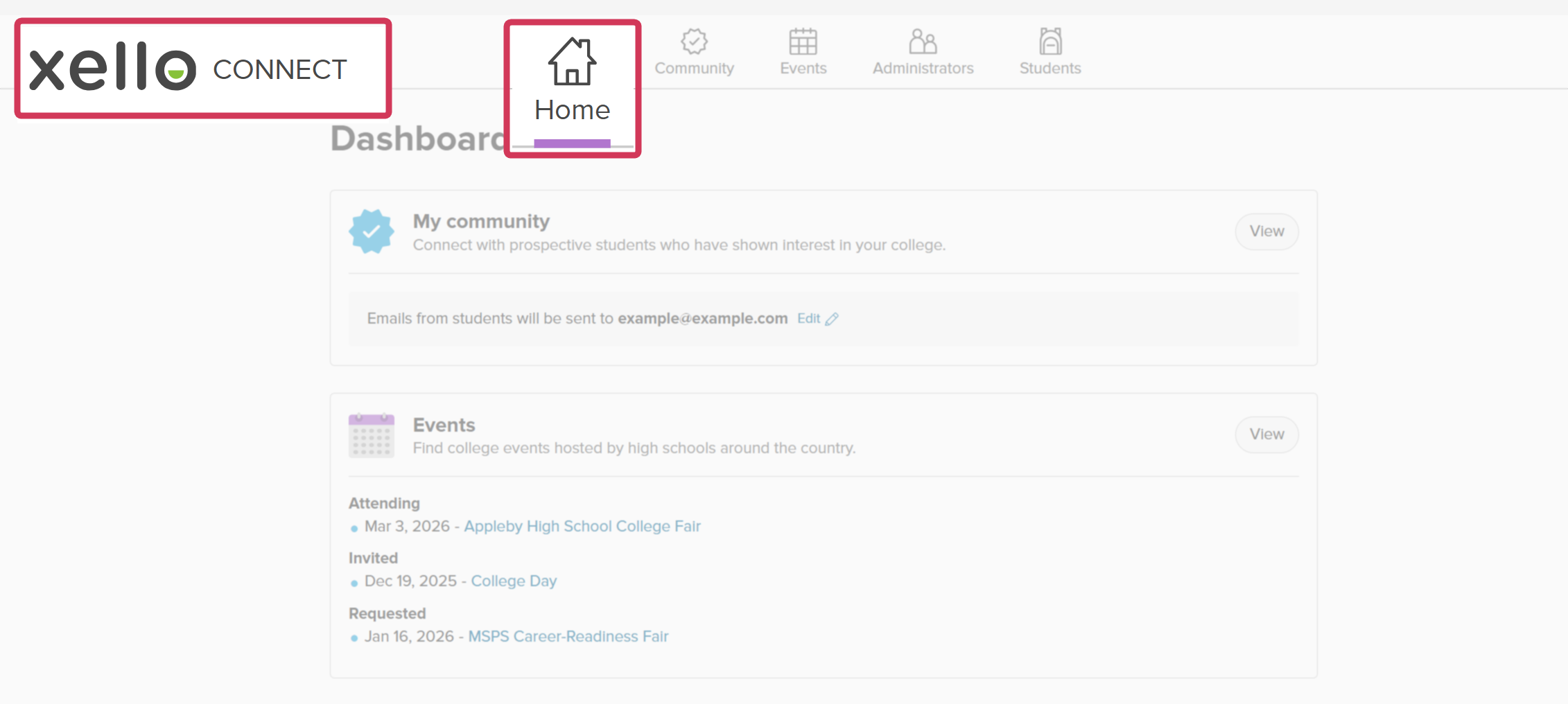 College partner dashboard. The Xello logo and the Home button are highlighted.